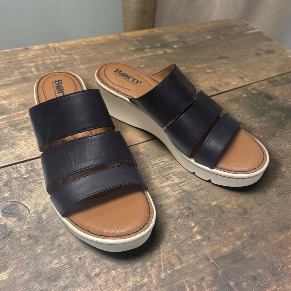 Born Womens Navy Blue Leather Triple Strap Platform Wedge Slide Sandals